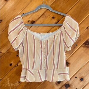 Active USA Button Down Ruffle Hem Striped Linen Blend Babydoll Top NWT